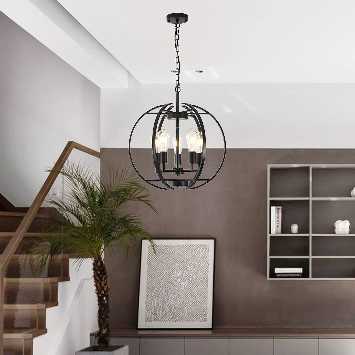 Large Lantern Globe Black Chandelier Lighting, Adjustable Hanging Ceiling Pendant 5 Light for Kitchen, Dining Room, Living Room, Hallway, Bedroom