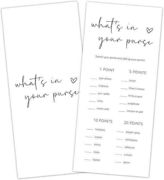 Bridal Shower Games, What's in Your Purse, 25Pcs 4x9inch Minimalist White Double-Sided Bridal Game Cards, Wedding Shower Games for Guests, Engagement Bachelorette Party Supplies - A18