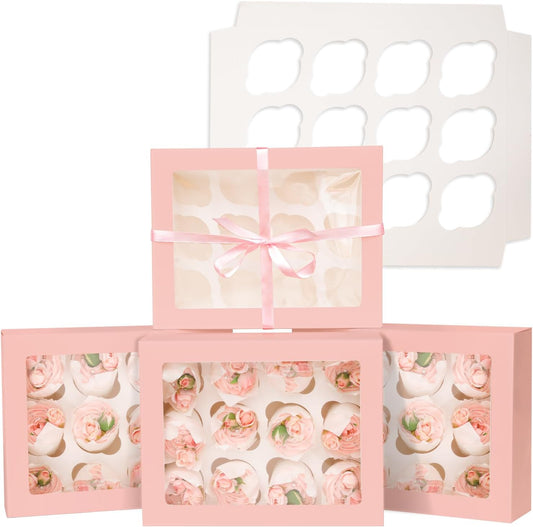 Bakepacker Auto-pop up 12 Cupcake Containers 6-Packs Pink Cupcakes Carrier, 12 Cupcake Boxes with Window 13"x10"x3.5"