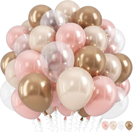 Dusty Pink and Gold Balloon, 12 Inch Double Stuffed Pearl Pastel Blush Pastel Pink Light White Metallic Gold Latex Balloons for Women Girls Birthday Baby Bridal Shower Wedding Boho Party Decorations