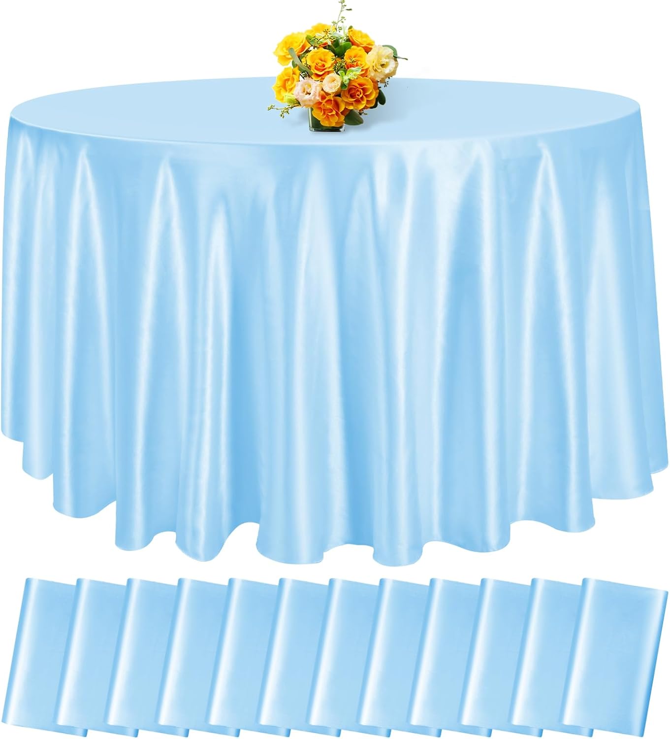 fani 12 Pack 120 Inch Light Blue Satin Tablecloth - Silky Round Tablecloth Overlay Smooth Fabric Table Cover, Bright Table Decoration for Wedding Party Banquet Events Restaurant Kitchen Dining