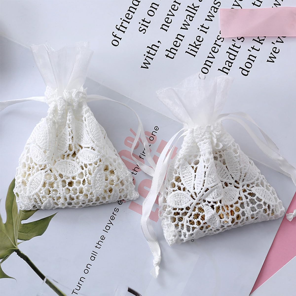Petunny 6Pcs White Lace Drawstring Bags,Cotton Drawstring Gift Bags Embroidered Jewelry Pouch for Wedding Birthday Christmas Parties(3.9x5.5Inch)