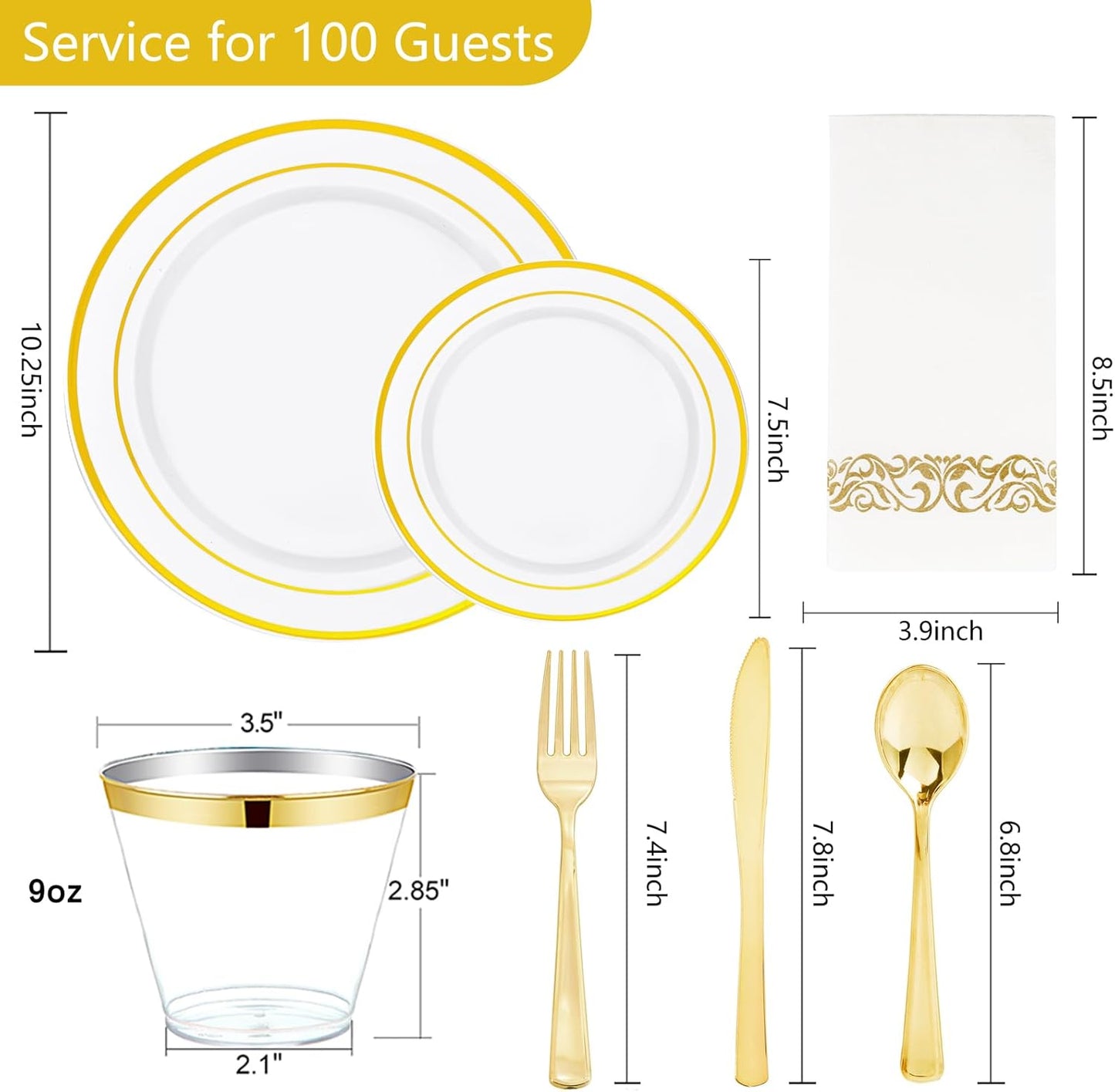 NOCCUR 700PCS Gold Disposable Dinnerware Set for 100 Guests - Plastic Plates for Party - Include 200 Gold Dinner/Dessert Plates, 100 Napkins, 100 Cups, 300 Plastic Silverware - Ideal for Wedding&Party