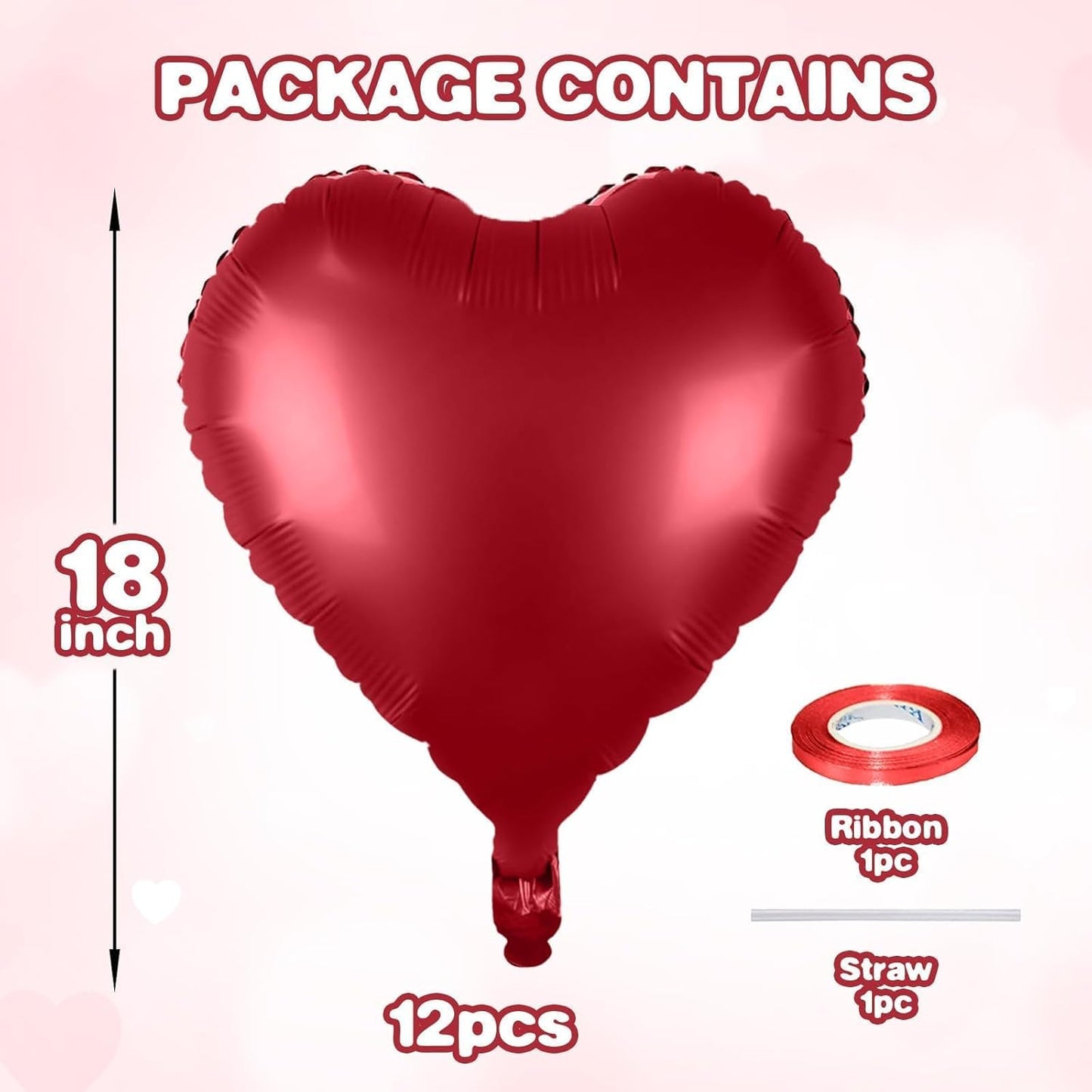 12 Pcs Heart Balloons, 18 inch Metallic Red Heart Shaped Balloons, Big Helium Balloon, Love Foil Balloon for Wedding Baby Shower Anniversary Backdrop Valentine Party Decoration