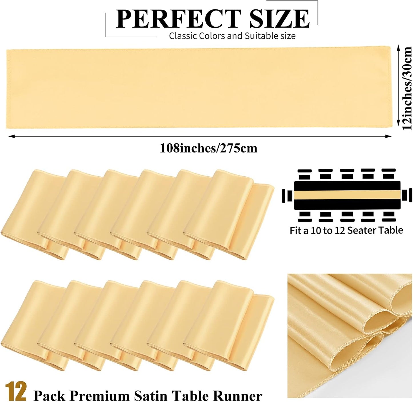 12 Pack Champagne Gold Satin Table Runner,12 x 108 inch Long Premium Smooth Table Runner for Wedding,Banquets,Birthday,Party,Graduation,Engagements,Table Runners fit Rectangle and Round Table