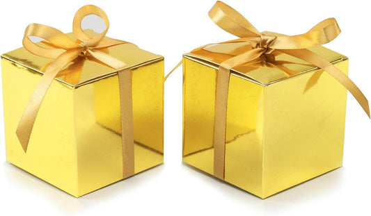 COTOPHER 100pcs Small Gift Boxes, Favor Boxes 2x2x2 inches Paper Gift Boxes with Ribbons Candy Box for Wedding Favors Baby Shower Bridal Shower Birthday Party (100pcs 2x2x2, Gold)