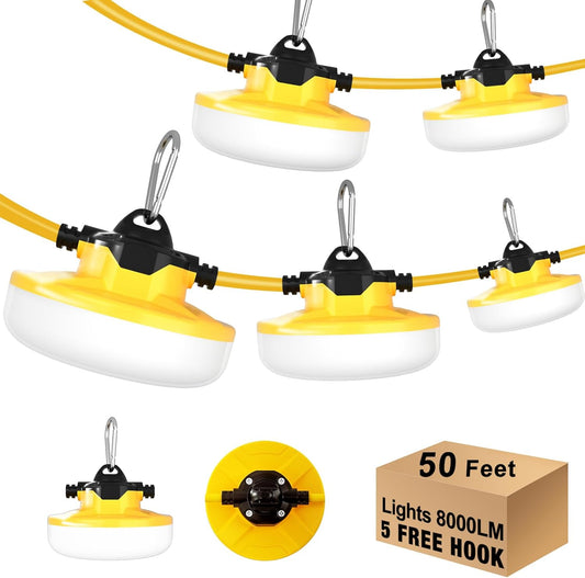 LED Construction String Light 50FT, 65W 8000Lm Industrial LED String Work Lights with 5 Bulbs, 5000K Linkable Work Lights Temporary Lighting for Construction Site, Job Site, Attic, Crawl Space