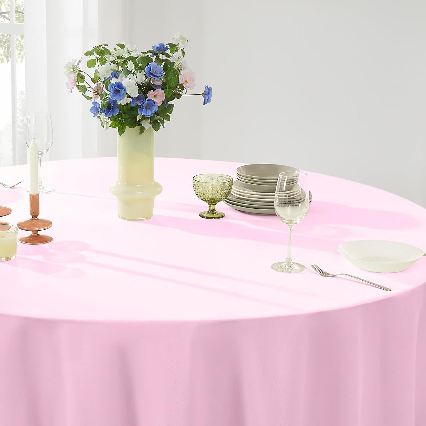 Round Tablecloth 132 Inch 2 Pack Pink Tablecloths Washable Decorative Linen Polyester Table Clothes Cover for Dining Table Banquets Buffet Parties and Wedding
