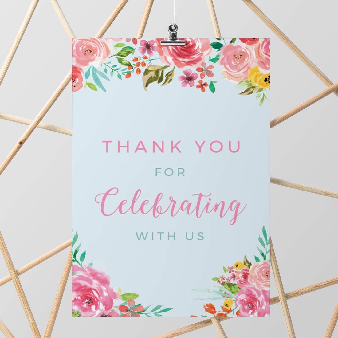 Andaz Press Extra Large Wedding Easel Board Party Sign, 12x18-inch, Tea Party Pink Roses on Baby Blue, Thank You for Celebrating With Us, 1-Pack