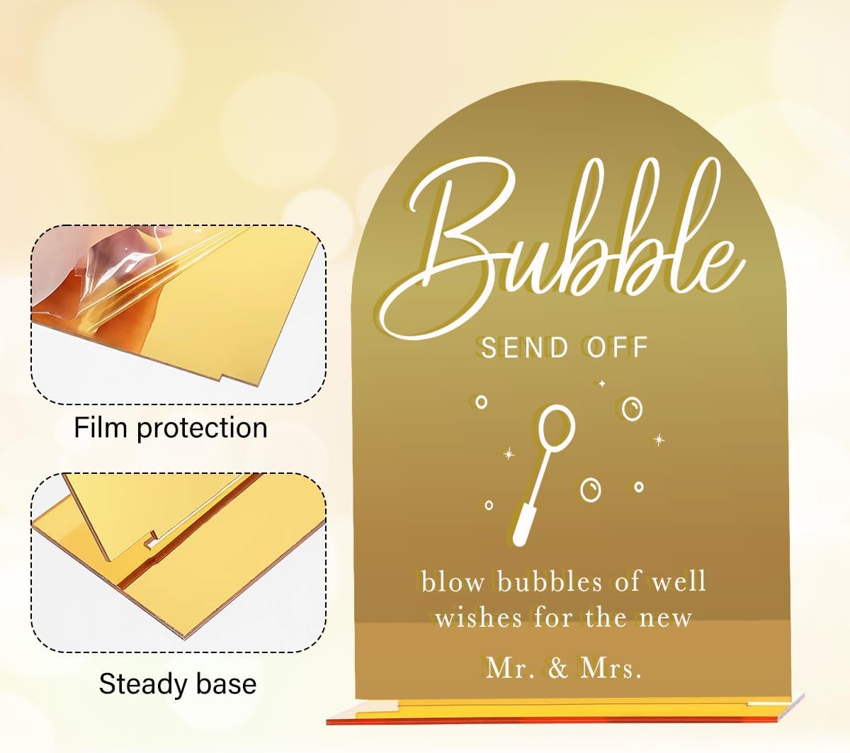 Acrylic Wedding Sign, Bridal Shower Decorations, Bubble Send Off Sign for Ceremony, Modern Font Table Signs, Gold Mirror Arched Acrylic Tabletop Signs for Wedding Reception and Event Party