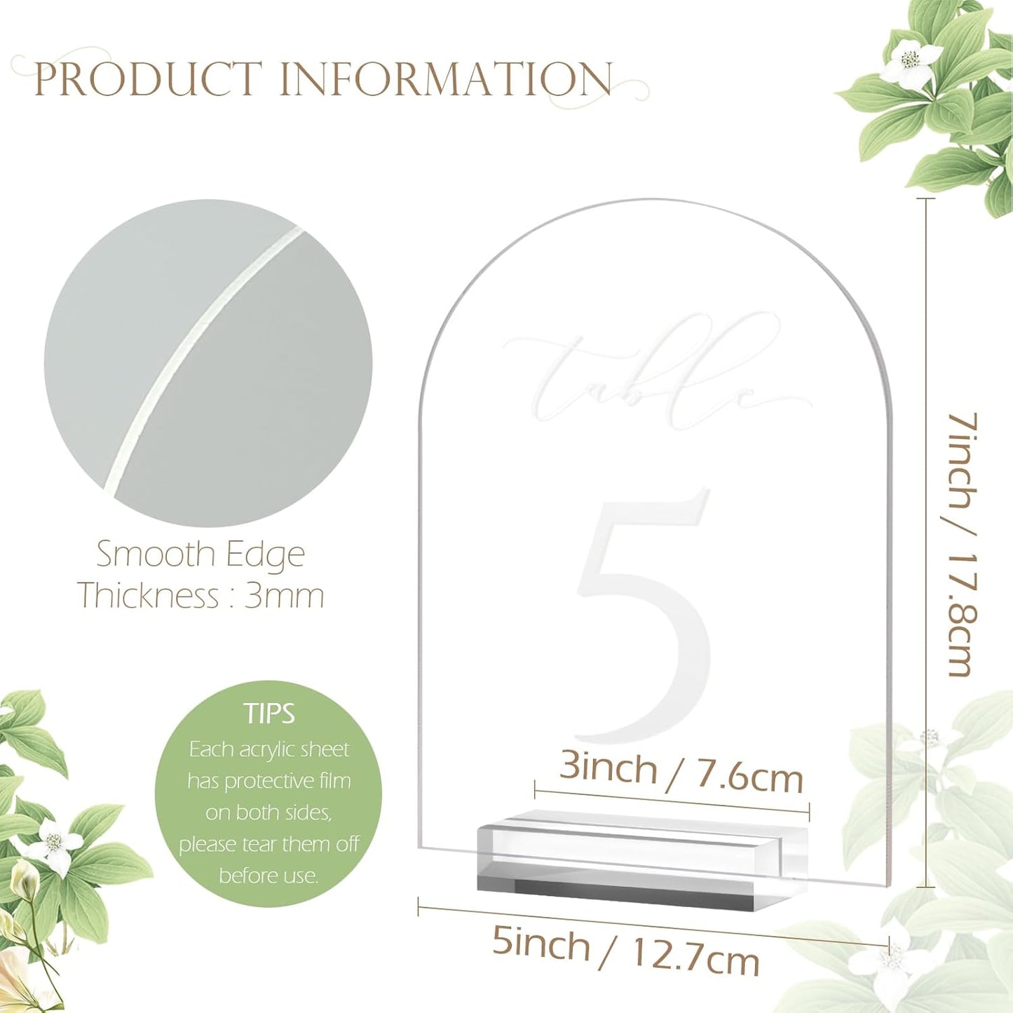 JINMURY Frosted Arch Table Numbers for Wedding, 5x7 Inch Arched Acrylic Table Numbers 1-15 with Stands, Frosted Acrylic Arch Sign with Holder for Centerpiece, Reception, Wedding, Party, Event