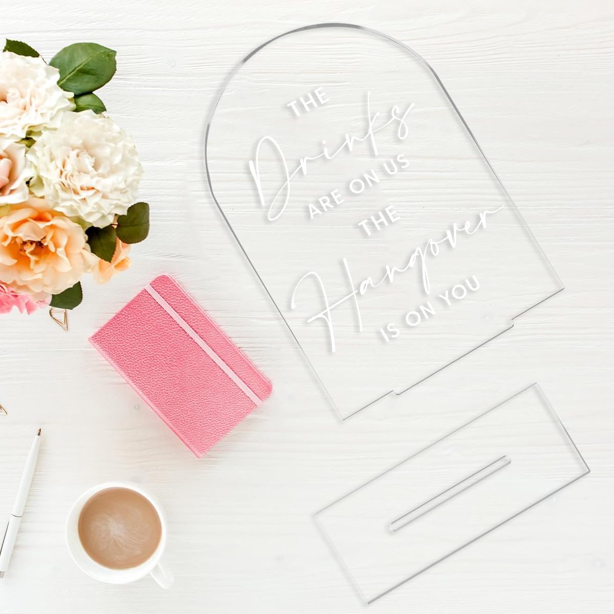 Wedding Signs，The Drinks Are on Us Sign, 5 x 7 Inch Arch Acrylic Wedding Sign, Wedding Sign for Ceremony and Reception, Please Help Yourself Sign,Wedding Reception Decor (White)