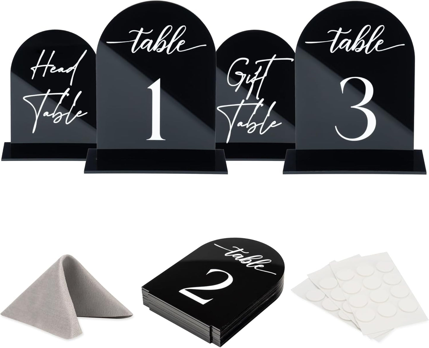 Black Arch Acrylic Table Numbers for Wedding Reception - 5" x 7" White Font Centerpiece Set with Holder Stands & Head Table Sign - Anniversary, Event, Party, Wedding set 1-20