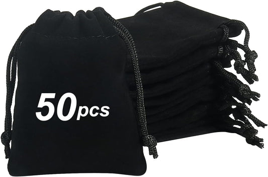 Shintop 50pcs Little velvet Jewelry bags, 3x4inch Black Drawstring Gift pouches Coin Purse for Dice Small Business Party Favor