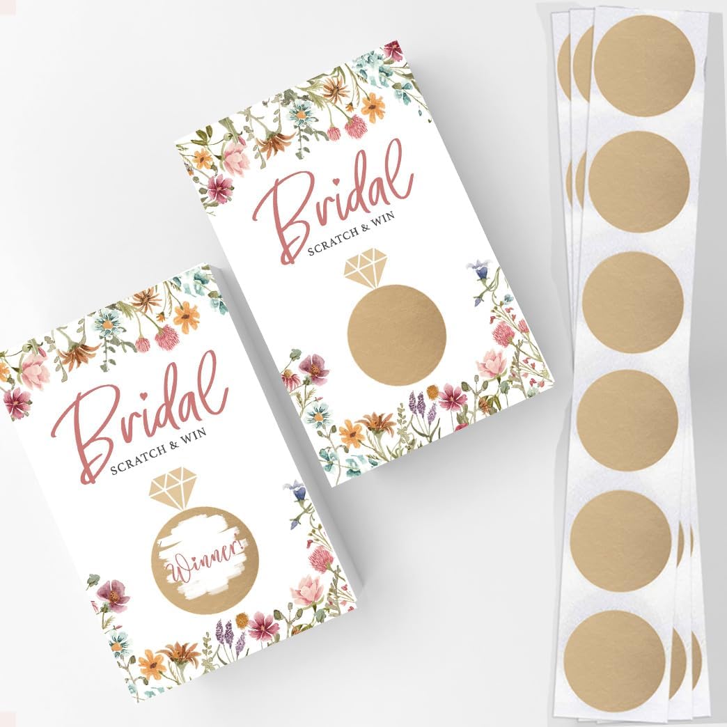 Printed Party Bridal Shower Games – Scratch Off Raffle Cards, Fun Wedding Shower Game, Love In Bloom Wildflower Design, 30 Cards & Stickers