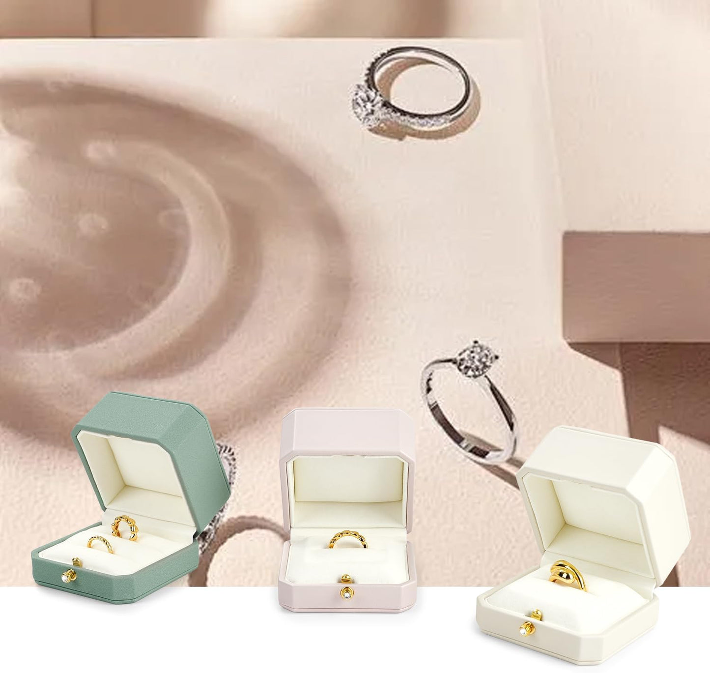 Oirlv Premium Leather Double Ring Box for Wedding Ceremony Engagement Couple Rings Holder Jewelry Gift Box(Pink,Double)