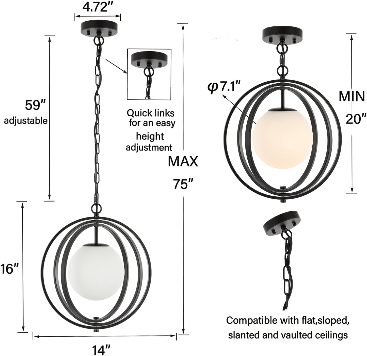 Black Orb Chandelier 1 Light Globe Pendant Light Fixtures White Globe Glass Shade Hanging Ceiling Light for Dining & Living Room, Bedroom, Foyer and Kitchen Island