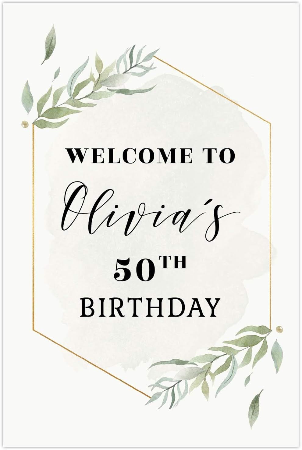 Andaz Press Personalized Extra Large Birthday Easel Board Party Sign, 12x18-inch, Modern Black, Gold with Green Leaves Florals, Welcome to Olivia's 50th Birthday, 1-Pack, Custom Name Age