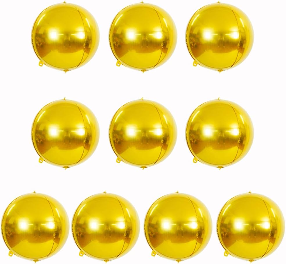 10 pcs Gold 4D balloon, 10 inch Foil Mylar Sphere Balloon for Birthday Party,Wedding,Valentine's Day, Christmas,Baby Shower Decoration Supplies