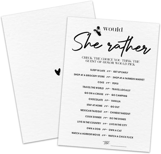 30 Minimalism Game Cards - Would She Rather - Bridal Shower, Engagement, Mr & Mrs, Newlyweds, Wedding Games, Party Activities & Supplies - B04 White