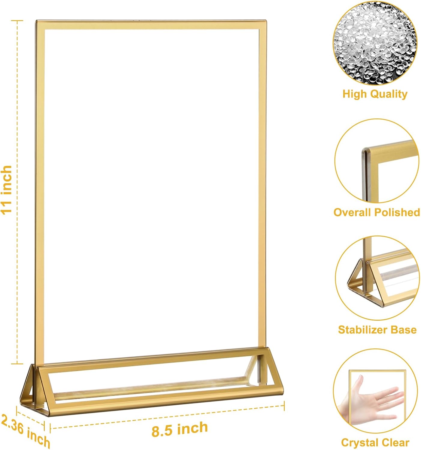 EHWINE 12 Pack Acrylic Sign Holder 8.5 x 11, Double Sided Gold Picture Frame Stand up Table Top Sign Holders, Clear Display Stand Menu Flyer Holder for Wedding Party (Provide Non-slip Mats)