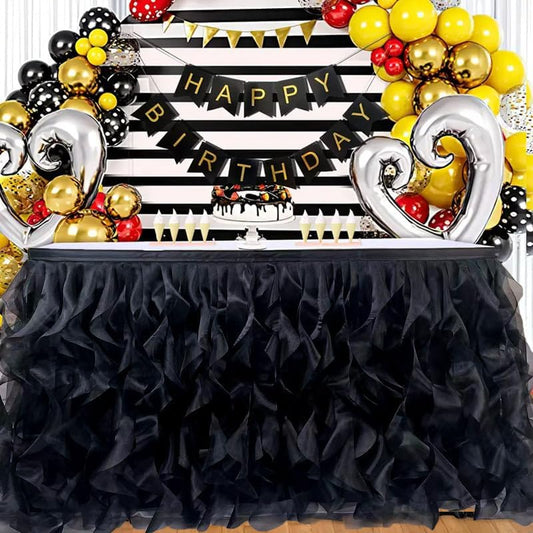 Luxury Organza Mesh Table Skirt Draping Floating Romance - Perfect for Bridal Showers, Birthday Weddings - Clear Flowing Decoration for a Wonderful Main Cake Table (Black-9ft, 108" Lx30 H)