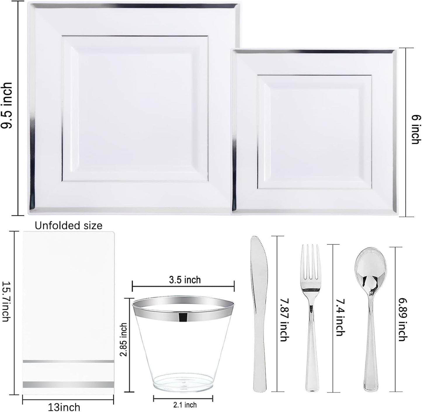 Festiva 350Pcs Silver Plates - Silver Square Plastic Plates 9 .5" and 6" - serve for 50 guests include 50 Cups 50Plastic Cutlery 50Hand Napkins Perfect for Party&Wedding&Birthday&Easter Day
