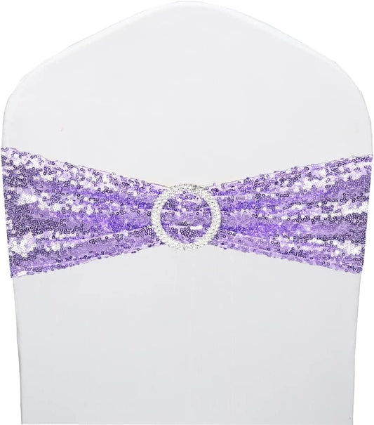 50 Pcs Sequin Chair Sashes Stretch Chair Bands Spandex Polyester Bows for Party Hotel Wedding Banquets Decoration - Lavender