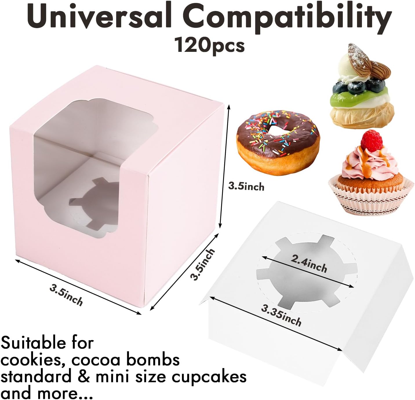 JCD 120 Pcs Individual Pink Cupcake Box with Insert, Cupcake Boxes Auto-pop up Individual Cupcake Container Brown PINK 3.5" x 3.5" x 3.5" Single Cupcake Boxes(Pink/120Pcs)