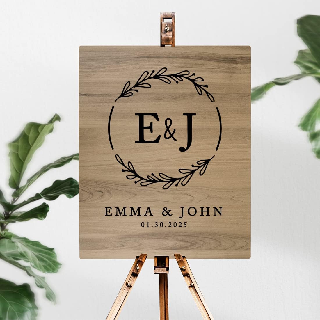 Andaz Press Large Wooden Welcome Sign for Wedding Rustic Welcome Sign 16" x 20" Custom Monogram & Date Laurel Wreath Wedding Signage English Oak MDF Wood Finish Wedding Reception Indoor Outdoor Signs