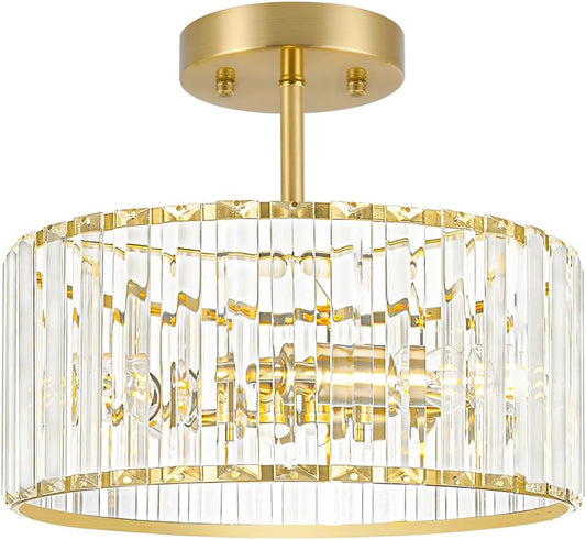 Modern Crystal Ceiling Light, Brushed Gold Semi Flush Mount Ceiling Lighting Fixture, Brass Hallway Light Fixtures Chandelier for Kitchen, Bedroom Dining Room Hallway Closet, 3-Light, 12 Inch