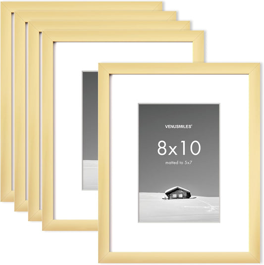 8x10 inch Picture Frame, 8x10 Photo Frames with 5x7 Removable Mat - High Definition Plexiglass - Vertical and Horizontal Display - Wall Hanging Frame - Gold, 5 Pack