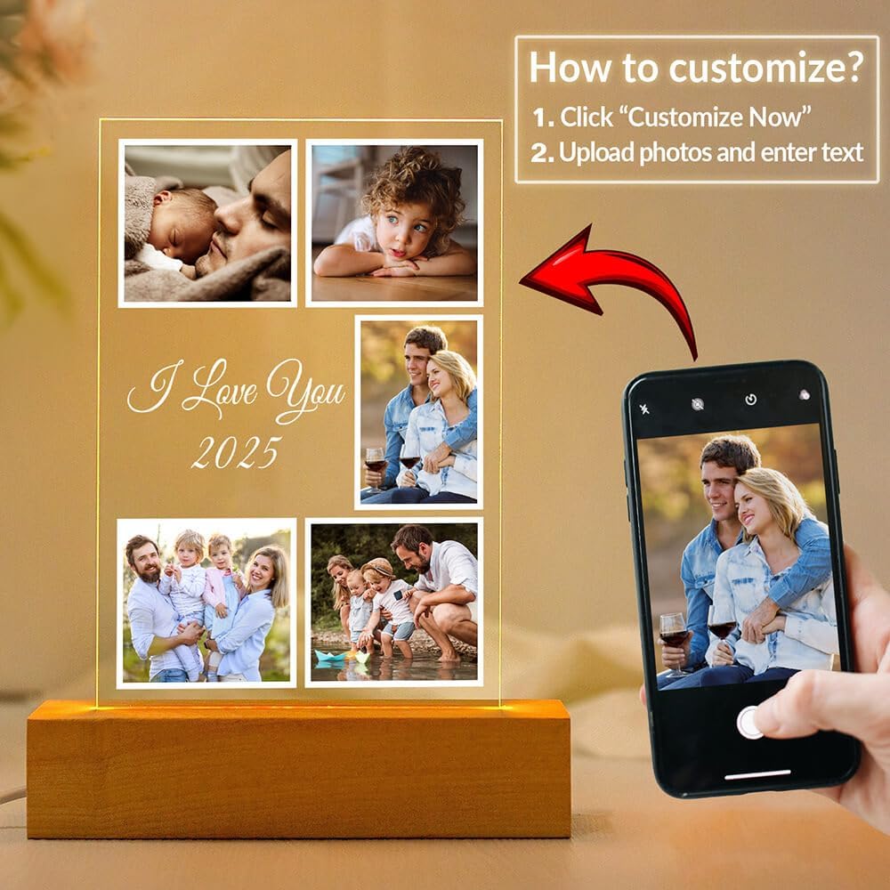 Custom Picture Frames with Photo, Customized Photo Frame with Night Light, Personalized Photo Frame, Personalized Birthday Gifts for Women Men Kid Baby Family Friend