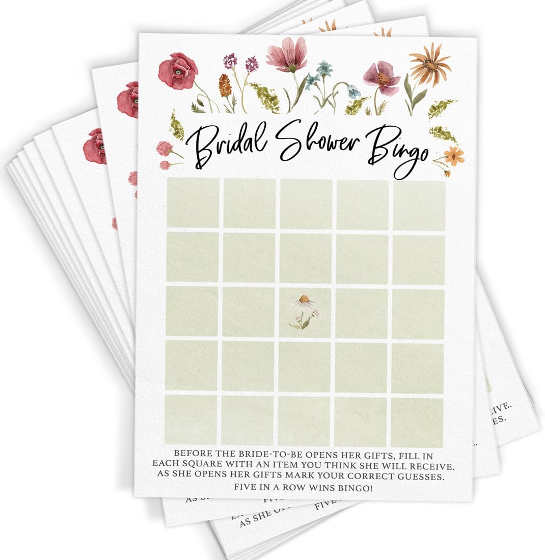 Printed Party Bridal Shower Game Set – 4 Fun Games and Activities for 30 Guests, Includes Bingo, He Said She Said, Bride & Groom Trivia, and Wedding Phrase Guessing Game, Love In Bloom Wildflower Design