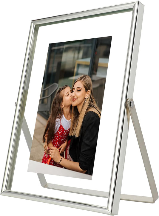 Silver Floating Frame (5"x7", Vertical), For Picture 4x6, 3.5x5, 2x3, Small Desktop Photo Frame, Classy Gift For Festival, Wedding, Home or Office Décor