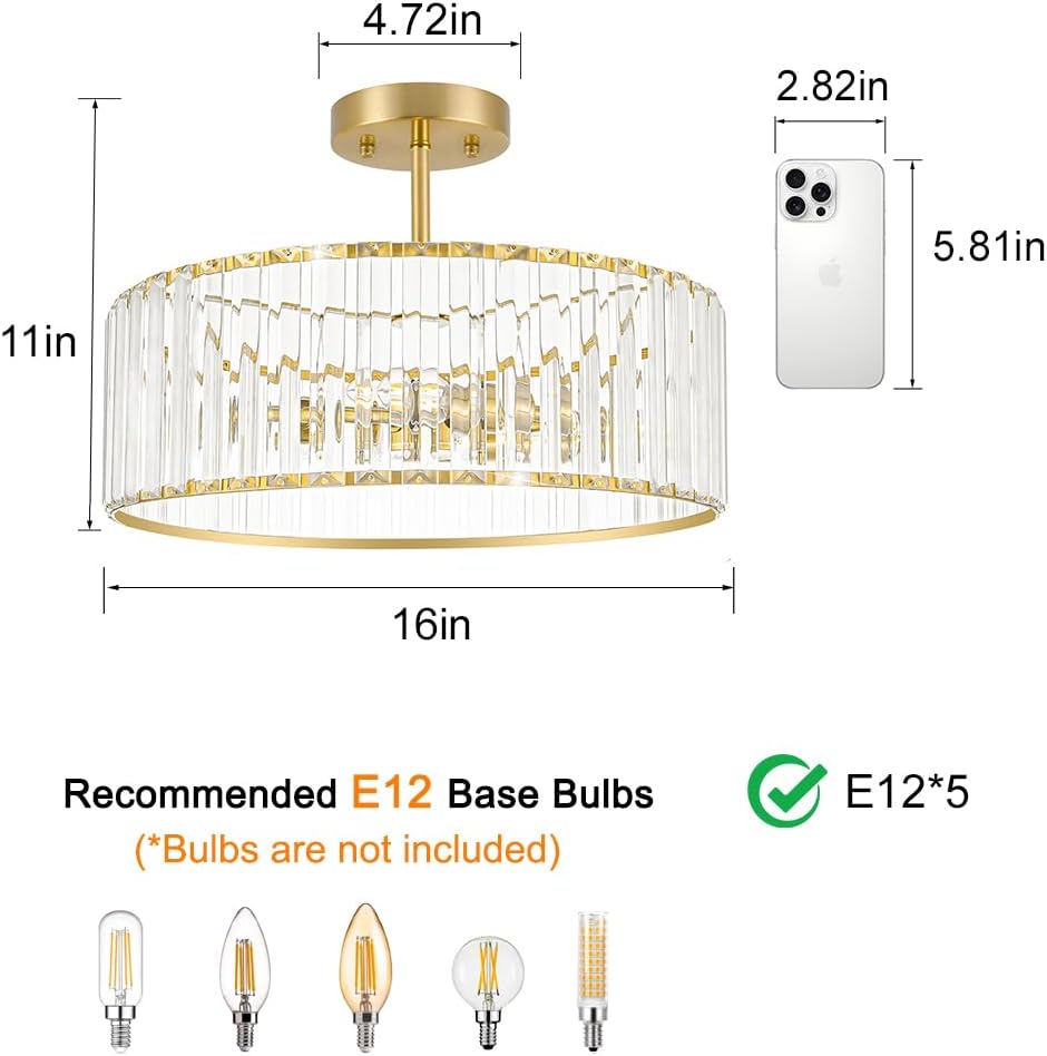 Modern Crystal Ceiling Light Fixture, Semi Flush Mount Ceiling Light, Brushed Brass Hallway Lighting Fixtures Chandelier, Crystal Chandelier for Kitchen Bedroom Dining Room Closet, 5-Light, 16 Inch