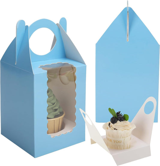 Individual Cupcake Boxes 4x4x5 Inches Disposable Pastry Tray Boxes, With Window Insert and Handle, Perfect for Parties, Birthdays, Bakery Wrapping and Events Containers (Blue-50Pack)