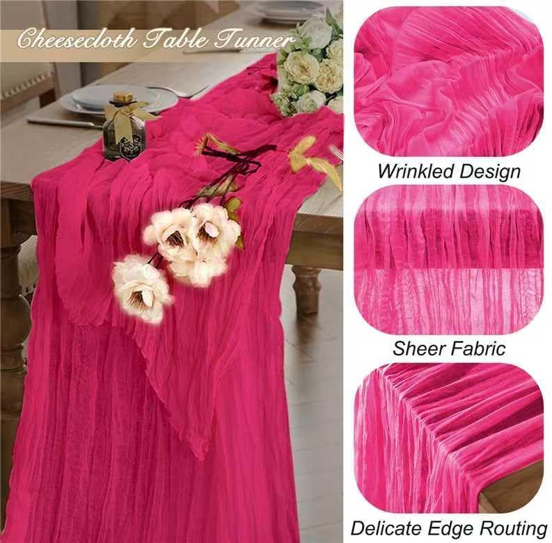 8 Pack Hot Pink 10 Ft Cheesecloth Table Runner 35x120 Inch Boho Wrinkled Sheer Romantic Gauze Decor for Wedding, Bridal Shower, Birthday Party