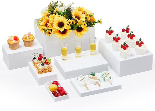 Leinuosen 7 Pcs Large Buffet Risers Set 6" to 12" Acrylic Display Box Catering Dessert Table Riser Food Display Decorative Stand with Hollow Bottom for Catering Supplies(White, Rectangle)