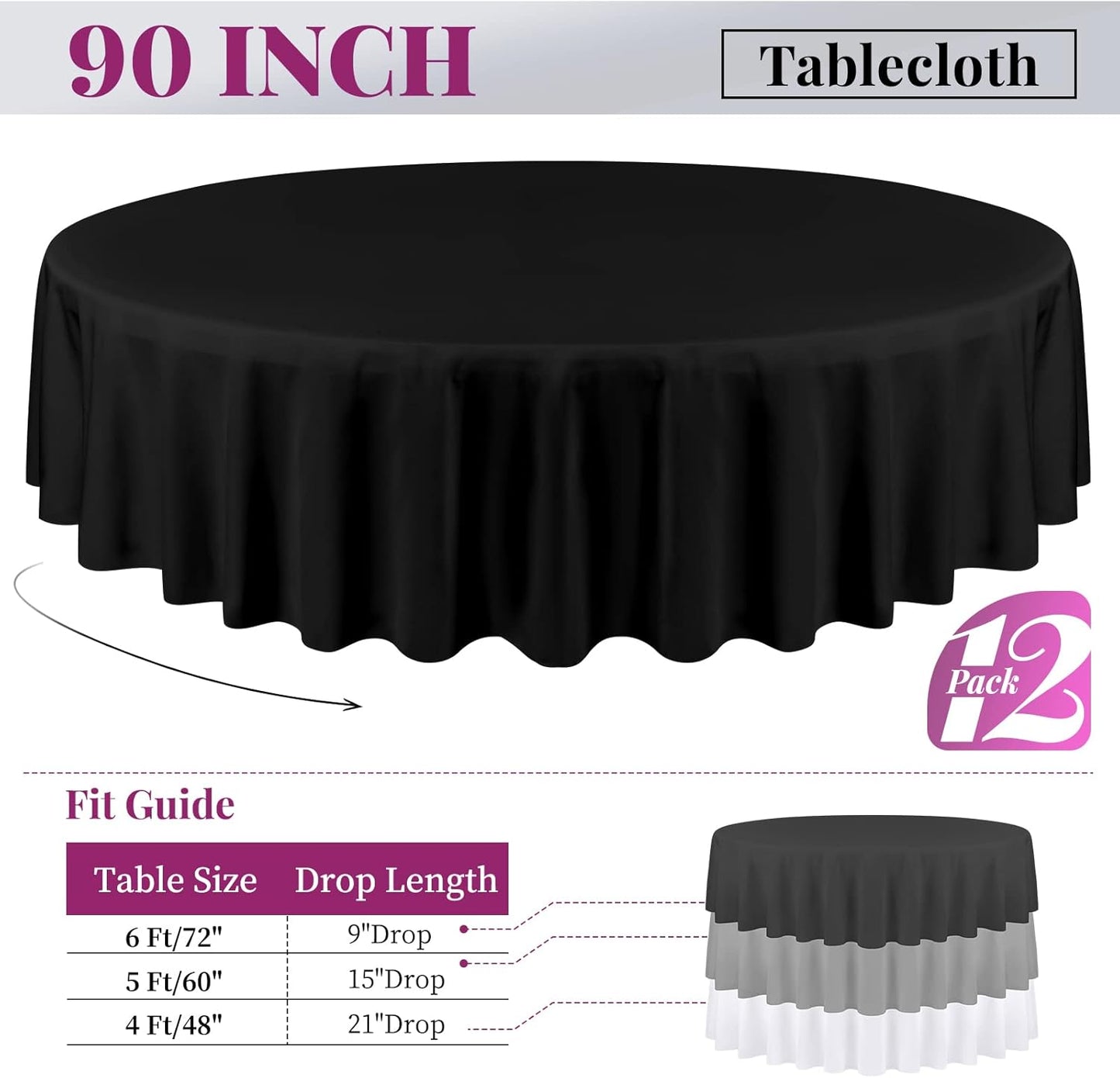fani 12 Pack 90 Inch Round Tablecloth, Black Polyester Fabric Table Cloth for Round Table, Washable Table Cover for Wedding Party Dining Table Buffet Banquet Restaurant and Camping