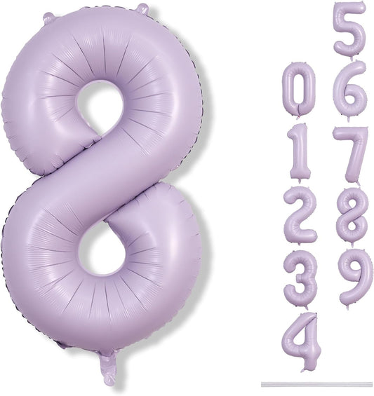 Light Purple Number 8 Balloons, 40 Inch Giant Dusty Pastel Purple Mylar Foil Number 8 Ballon for Girls, Self Inflating 8th Birthday Helium Balloon for Women 8th Anniversary Party Decorations Supplies