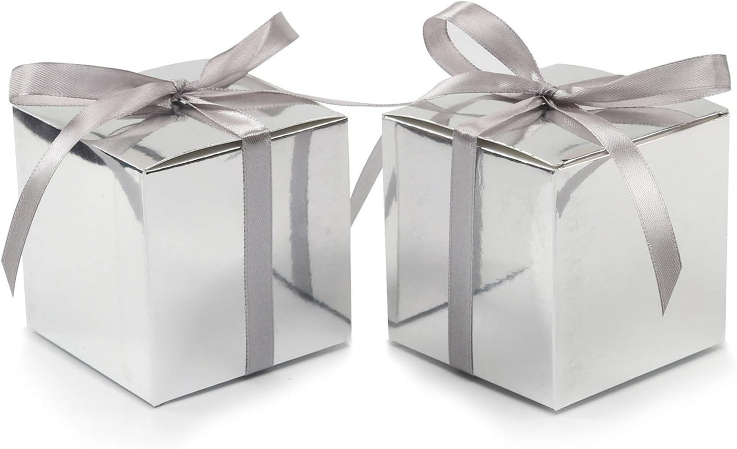 COTOPHER 100pcs Wedding Favor Boxes, Paper Gift Boxes 3x3x3 Inches Small Gift Boxes with Ribbons Small Boxes for Gifts, Crafting, Cupcake, Candy, Bridesmaid Proposal Boxes (Metallic Silver)