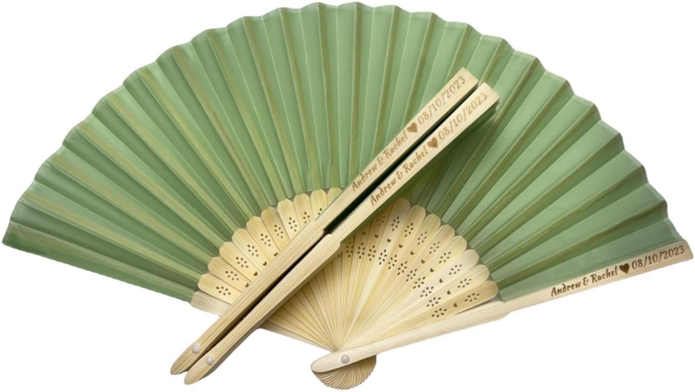 Personalized Wedding Fans Handheld Folding Fans (3Pcs) - Custom Engraved Green Silk Fans for Bridal Shower Favor/Baby Shower Favor, Birthdays Party Gifts/Gifts for Party Guests