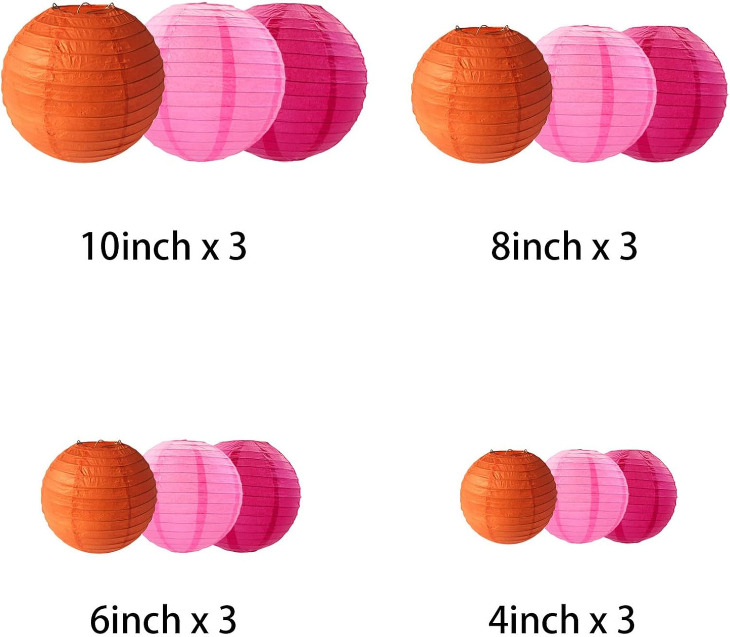 Rose Red Pink Orange Paper Lanterns Decorative, Chinese/Japanese Hanging Round Paper Lanterns Decorations for Wedding, Graduation, Bachelorette, Thanksgiving, Birthday (12 PCS)
