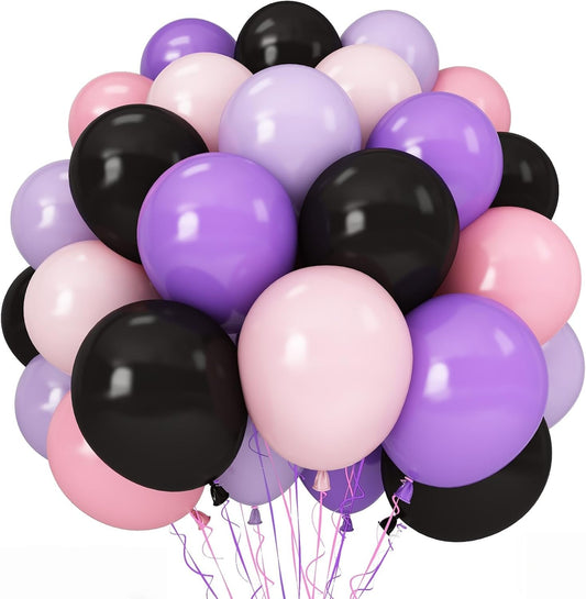 Halloween Balloons, 60pcs 12 Inch Black Pink Purple Latex Balloons for Girls Women Halloween Wedding Bride Baby Shower Engagement Bachelorette Spooky Witch Themed Birthday Party Decorations Supplie
