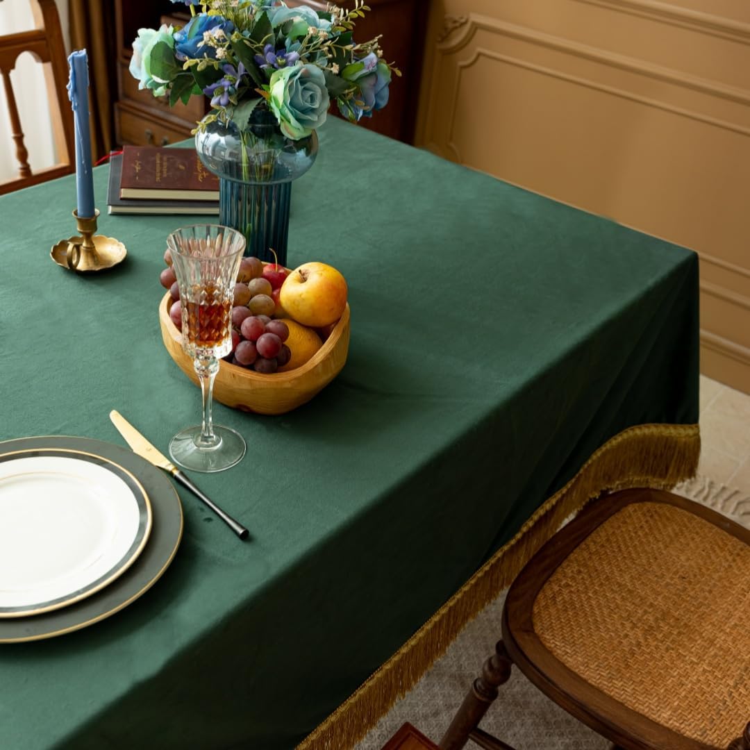 F-CHU Luxury Green Tablecloth Thickset Velvet Tablecloth with Beautiful Gold Tassels Table Cloth for Home Decor Wedding, Party, Banquet and Events 60x70-Inch