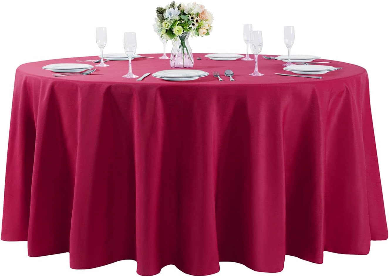 132 inch Round Tablecloth Washable Polyester Table Cloth Decorative Table Cover for Wedding Party Dining Banquet（132 inch,Burgundy）