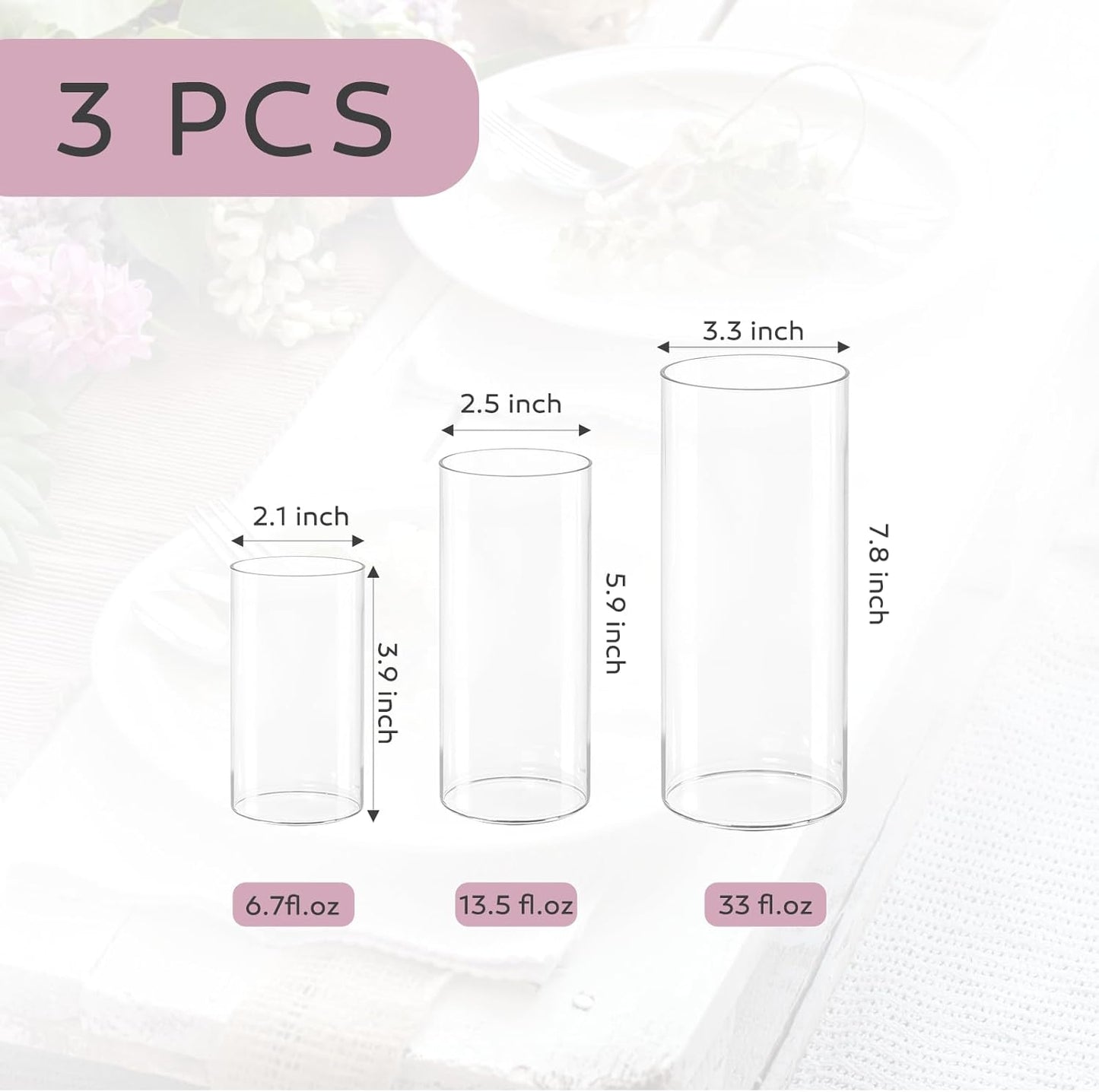 3pcs Glass Vases for Flowers, 4,6,8 Inch Tall Cylinder Vases, Bud Vase and Floating Candle Holder Vase for Wedding & Holiday Centerpieces for Tables, Home Decor, Housewarming Gift
