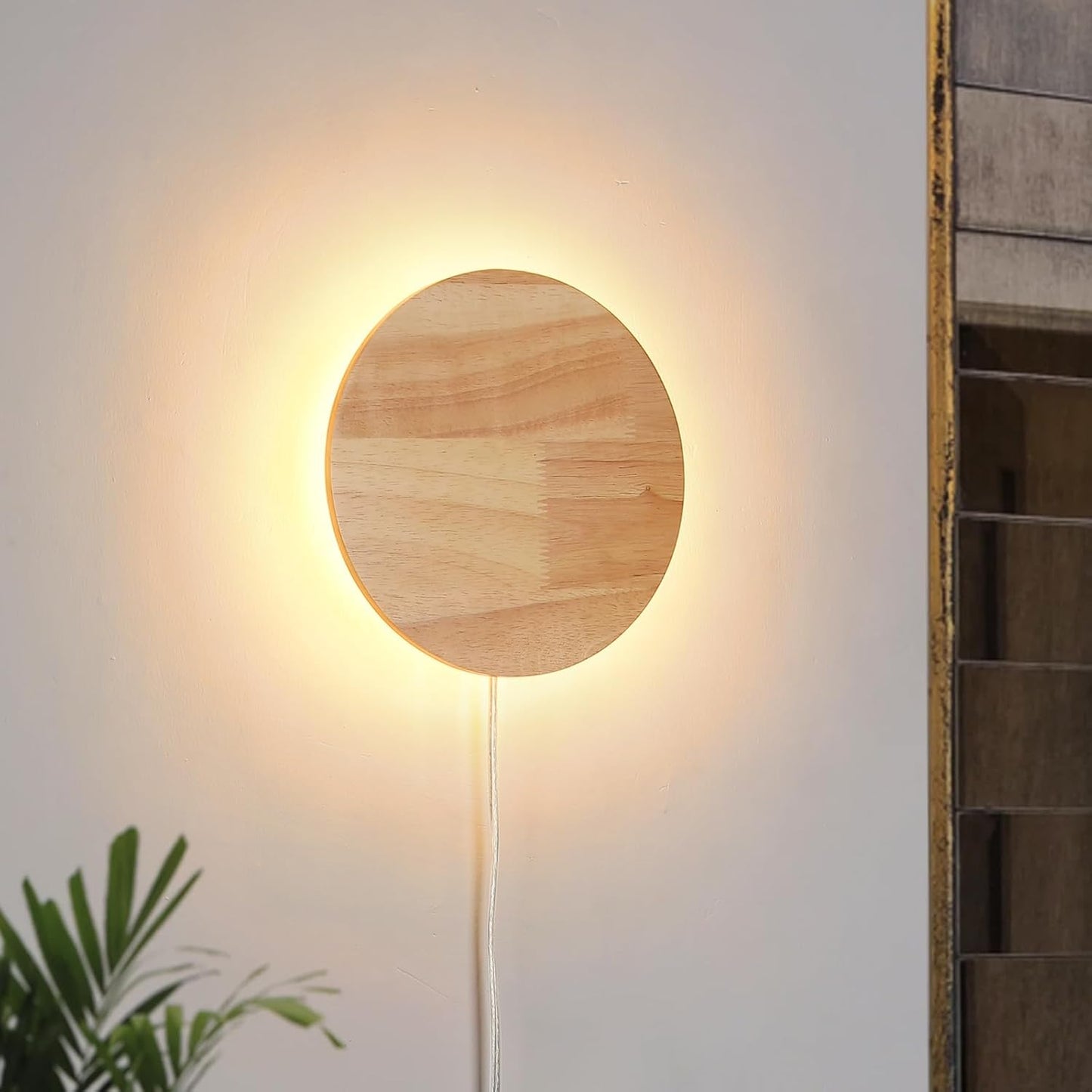 Modern Minimalist Plug in Wall Sconces, Plug-in Or Cordless 7.9'' Round Wood Backlight LED Wall Lamp, 12W, 1300LM Warm White Brightness Wall Light Fixtures for Bedroom, Living Room Wall Décor