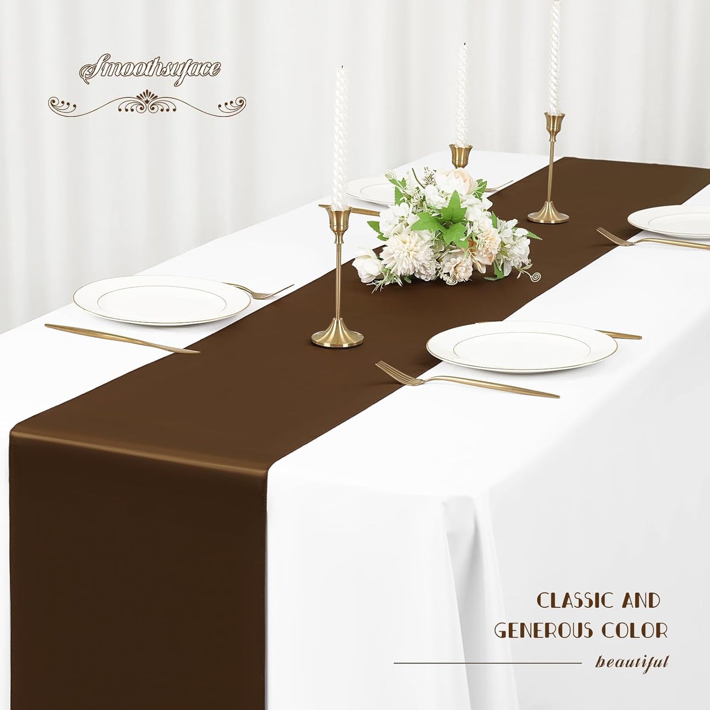 12 Pack Brown Satin Table Runner 12 x 108 inch Long Premium Smooth Table Runner for Wedding, Banquets, Birthday, Party, Graduation, Engagements,Table Runners fit Rectangle and Round Table